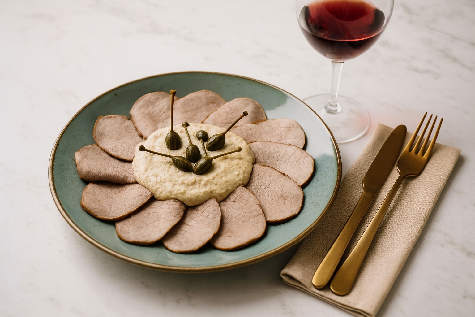 Elegant angerichtetes Vitello Tonnato mit Thunfisch-Kapernsauce, dekoriert mit mehreren Kapernbeeren, serviert mit Rotwein und goldenem Besteck auf hellem Untergrund.