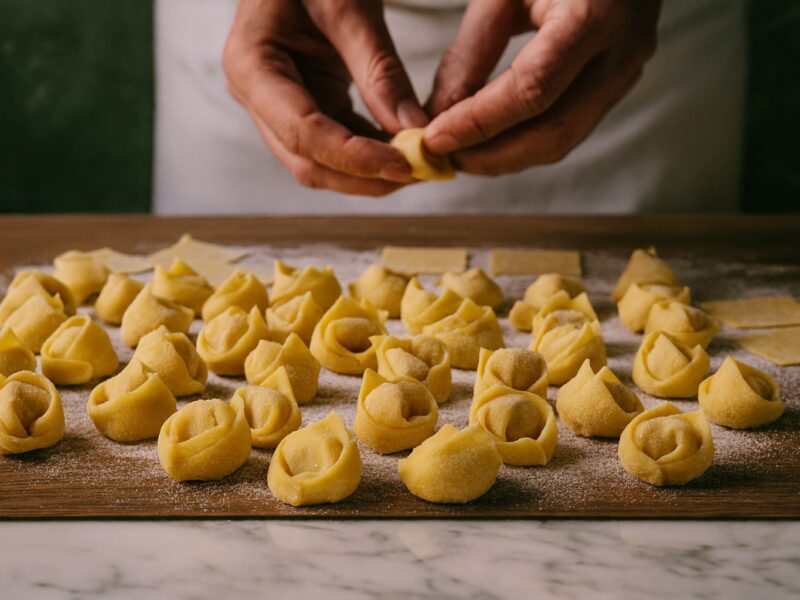 Hände einer erfahrenen Person beim Formen frischer Tortellini auf einem bemehlten Holzbrett – handwerkliche Pasta-Tradition wie in Bologna.