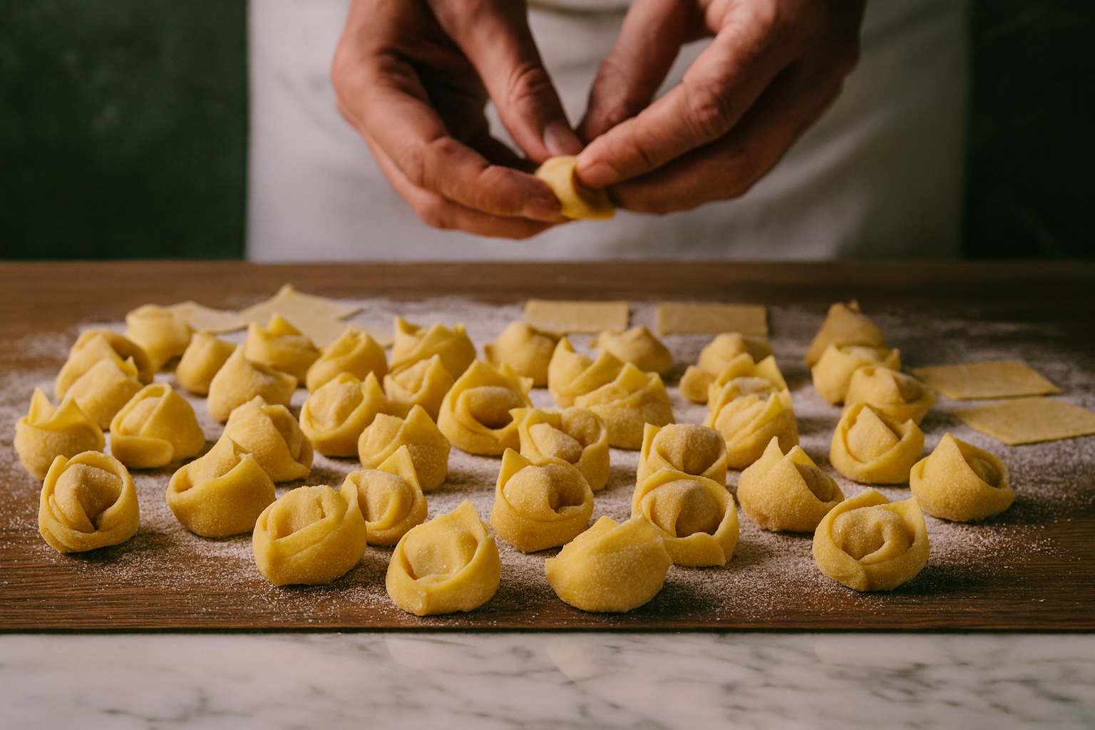 Hände einer erfahrenen Person beim Formen frischer Tortellini auf einem bemehlten Holzbrett – handwerkliche Pasta-Tradition wie in Bologna.