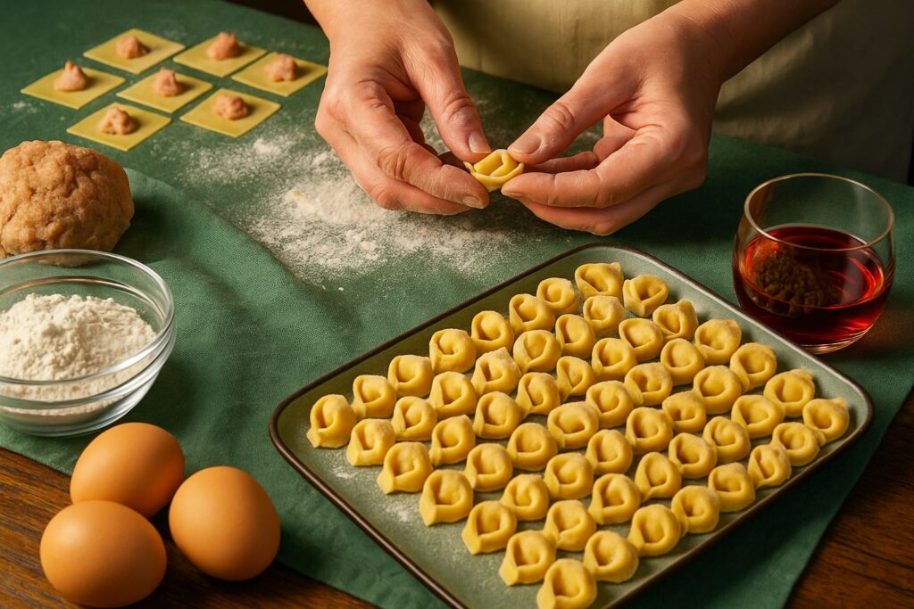 Hände formen Tortellini auf einer bemehlten Arbeitsfläche, umgeben von Eiern, Mehl, Füllung und einem Glas Rotwein – authentische Pasta-Vorbereitung.