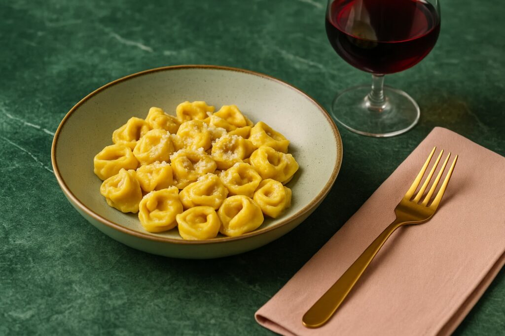 Servierfertige Tortellini mit geriebenem Parmigiano in einem grünen Teller, begleitet von Rotwein und einer rosafarbenen Serviette.