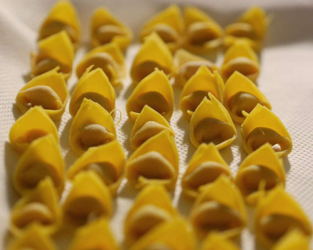 Mehrere Reihen frisch zubereiteter Tortellini auf einem Küchentuch – Fokus auf Textur und sorgfältige Form der Pasta.