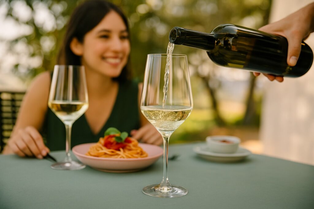 Ein Glas Riesling Weißwein wird auf einer Terrasse neben einem Teller Spaghetti serviert, während eine Frau im Hintergrund lächelt – der perfekte Sommergenuss.