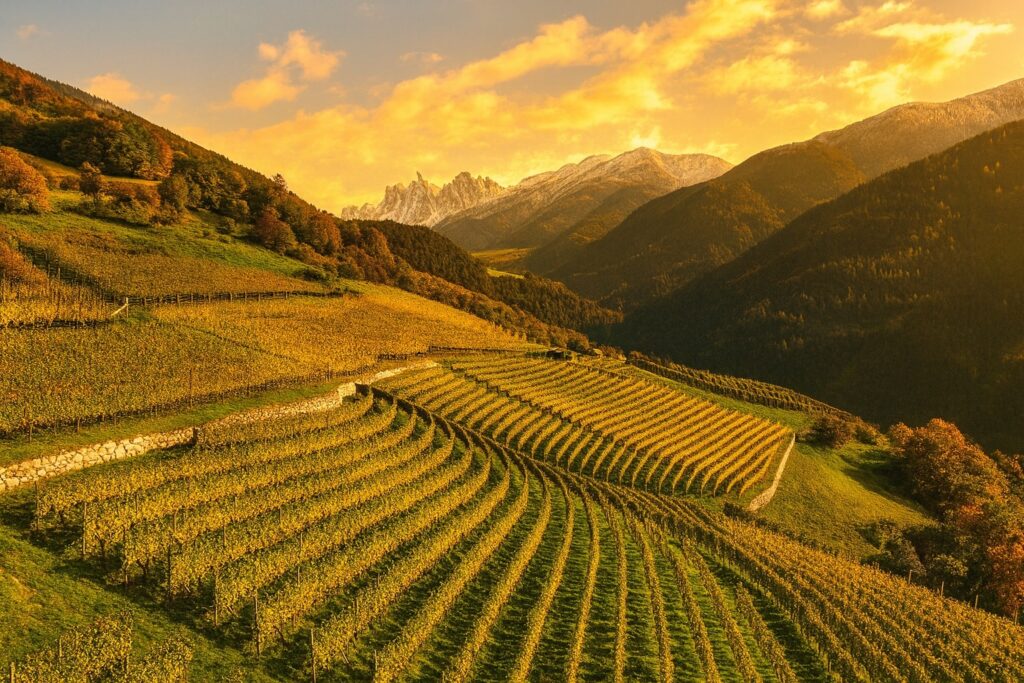 Terrassenförmig angelegte Weinberge im goldenen Abendlicht mit Blick auf die Dolomiten – Südtirols alpine Riesling-Landschaft.