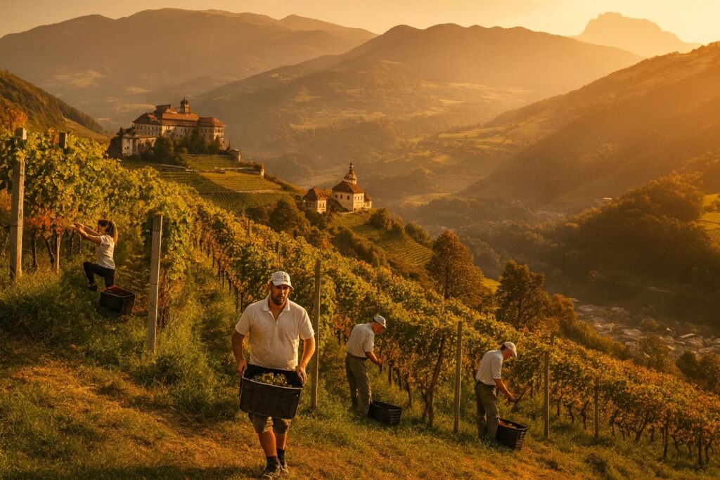 Winzer bei der Weinlese in einem Hangweinberg bei Sonnenuntergang, mit einer historischen Abtei im Hintergrund – Tradition und Handwerk.