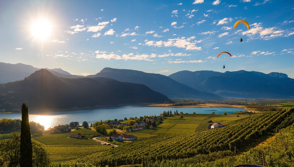 Blick auf den Kalterer See in Südtirol mit weitläufigen Weinbergen im Vordergrund und Paragleitern über dem Panorama – Wein und Abenteuer.