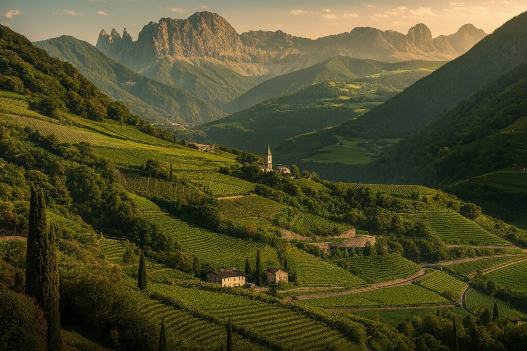 Das malerische Eisacktal mit Weinbergen, Zypressen und einem kleinen Dorf inmitten der Berge – Heimat edler Weißweine.
