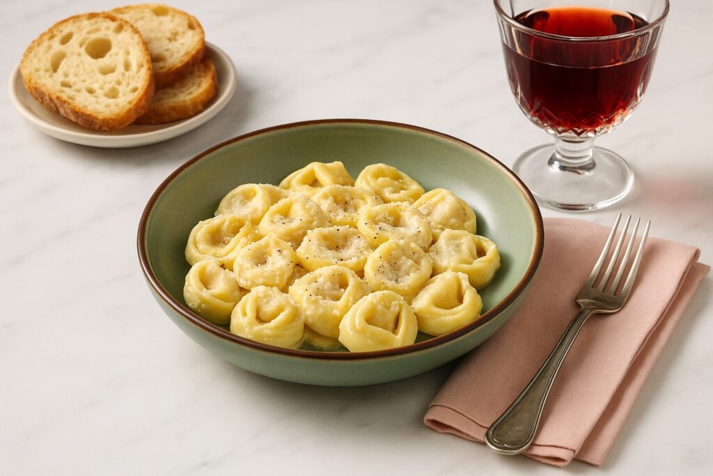 Cremige Tortellini mit Parmesansauce in einer grün umrandeten Keramikschale, serviert mit Rotwein und frischem Brot – italienische Hausmannskost neu interpretiert.