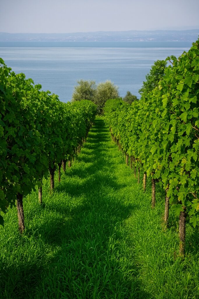 Weinberg am Gardasee mit Blick aufs Wasser – grüne Reben unter sommerlichem Himmel