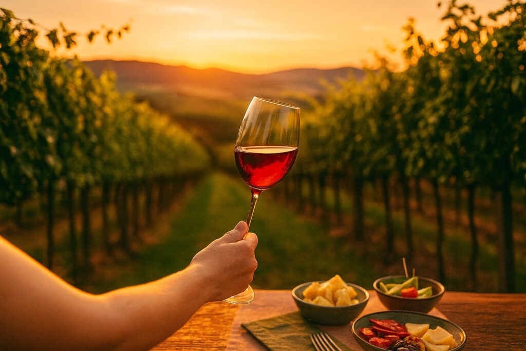Hand hebt ein Glas Bardolino-Chiaretto in der Abendsonne zwischen Reben – Genussmoment im Weinberg
