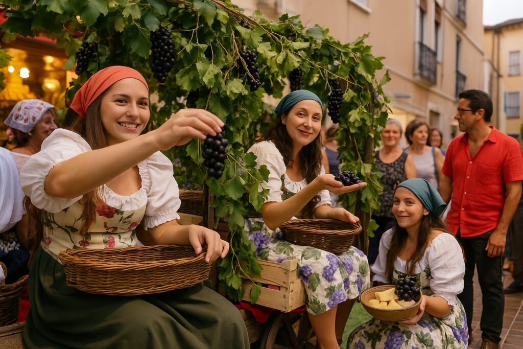 Italienisches Weinfest mit jungen Frauen in Tracht, die dunkle Trauben und Käse präsentieren – traditionelle Ernteszene