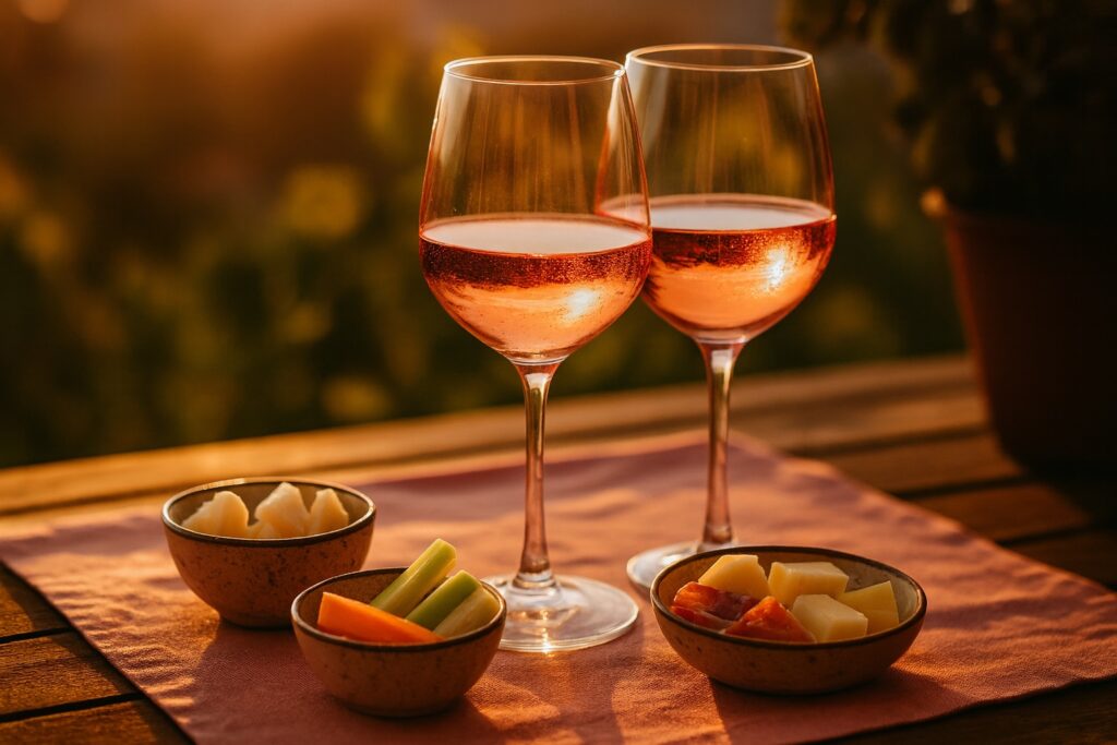 Zwei Gläser Bardolino Chiaretto bei Sonnenuntergang auf einer Terrasse, serviert mit kleinen Schalen voller Käse- und Gemüsestücke – perfekte Atmosphäre für ein sommerliches Aperitivo.