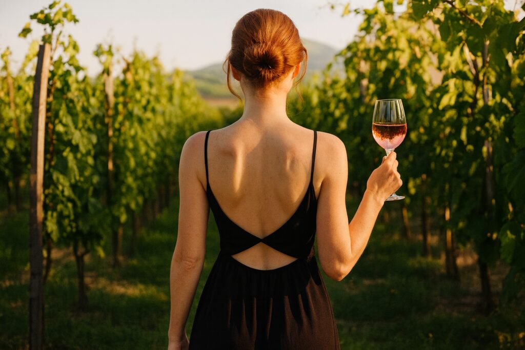 Frau mit rotem Dutt und schwarzem Kleid steht mit einem Glas Chiaretto in der Hand inmitten eines sonnenbeschienenen Weinbergs – Symbol für Genuss und italienische Lebensart.
