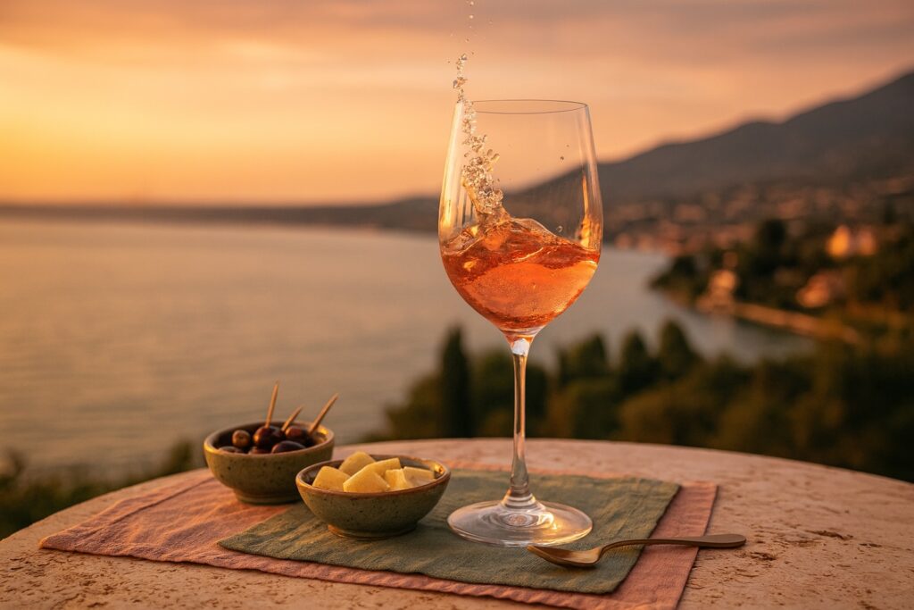 Ein Glas Bardolino Chiaretto mit spritzender Bewegung auf einem Tisch mit Ausblick auf den Gardasee bei Sonnenuntergang, begleitet von Oliven und Käsewürfeln – mediterrane Eleganz pur.