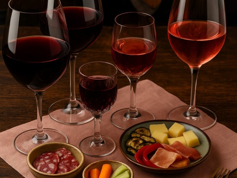 Degustationsszene mit fünf Gläsern Rot- und Roséwein, dazu verschiedene italienische Antipasti wie Salami, Käse, Schinken, gegrilltes Gemüse und Rohkost auf einem rustikalen Holztisch.