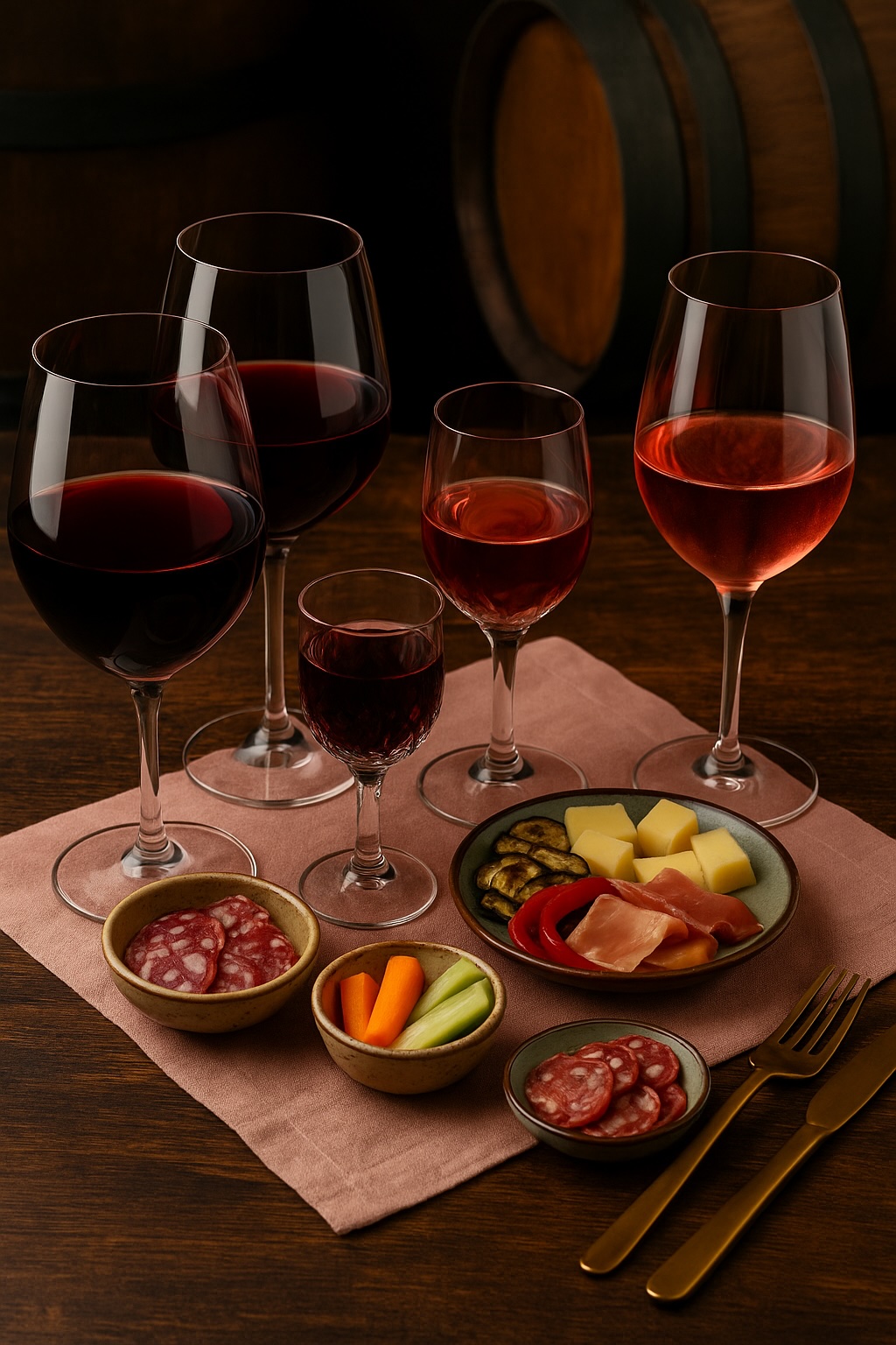 Degustationsszene mit fünf Gläsern Rot- und Roséwein, dazu verschiedene italienische Antipasti wie Salami, Käse, Schinken, gegrilltes Gemüse und Rohkost auf einem rustikalen Holztisch.