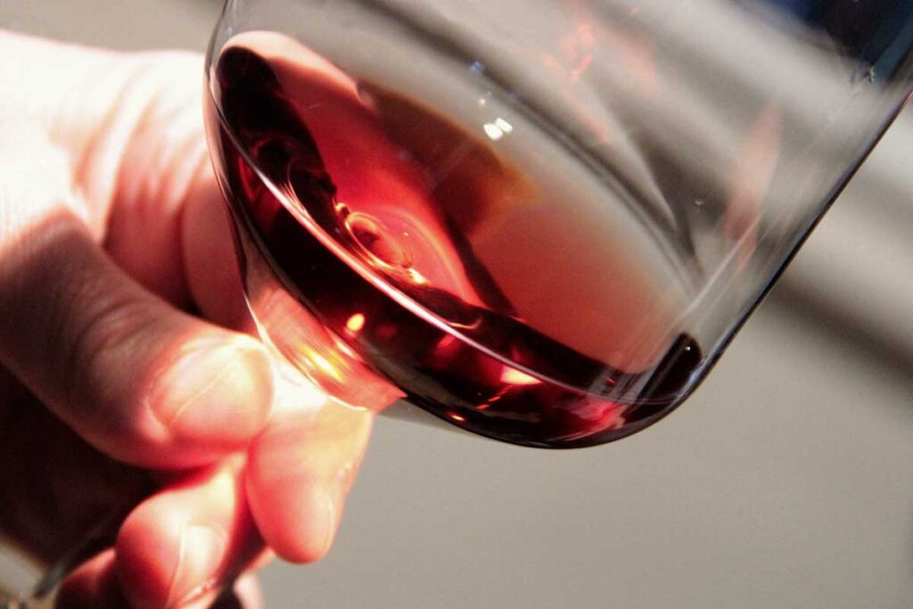 Nahaufnahme eines Glases Bardolino Rotwein – leuchtende Farbe und feine Aromen spiegeln die Qualität dieses Klassikers.