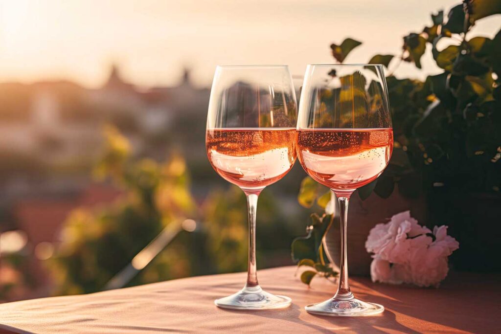 Zwei Gläser Bardolino Chiaretto Roséwein auf einem Tisch bei Sonnenuntergang, umgeben von Pflanzen und romantischer Atmosphäre.