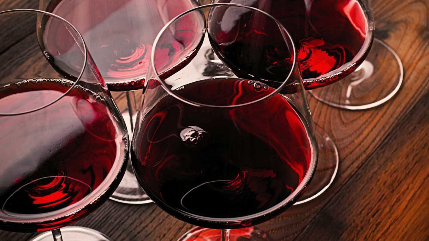 Mehrere Gläser mit rubinrotem Bardolino-Wein auf einem Holztisch – ein eleganter Einstieg in die Welt des italienischen Rotweins vom Gardasee.