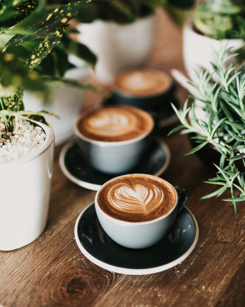 Drei Cappuccinos mit Latte Art Herz in hellblauen Tassen, serviert auf einem Holztisch zwischen grünen Pflanzen, die ein gemütliches Café-Ambiente schaffen.