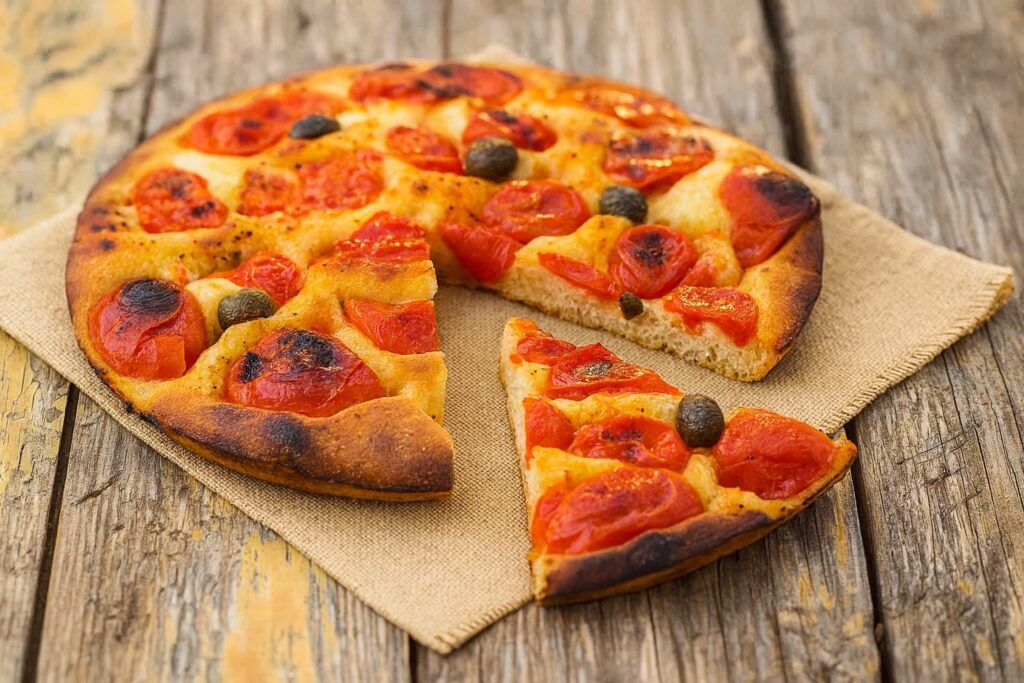 Focaccia Barese auf rustikalem Holztisch serviert, mit Kirschtomaten und Kapern belegt – eine knusprige apulische Spezialität.