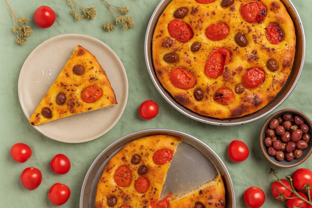 Zwei runde Bleche mit traditioneller Focaccia Barese, belegt mit Kirschtomaten und Oliven, daneben frische Tomaten und getrockneter Oregano.