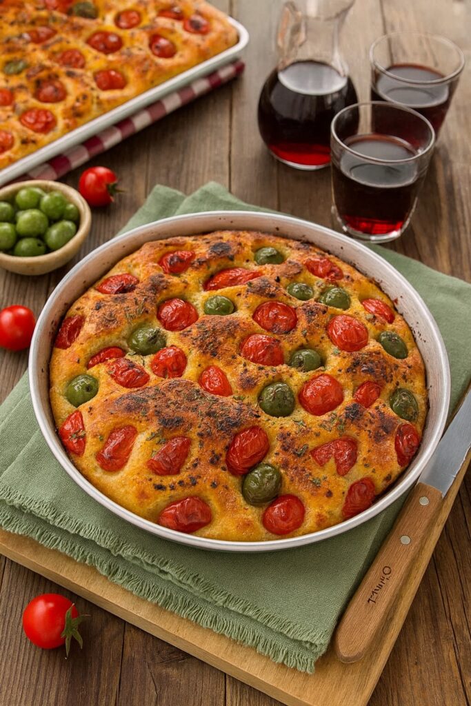 Frisch gebackene Focaccia Barese in der Blechform mit grünen und roten Oliven, Kirschtomaten und typischen Röstaromen, serviert mit Rotwein im Glas.