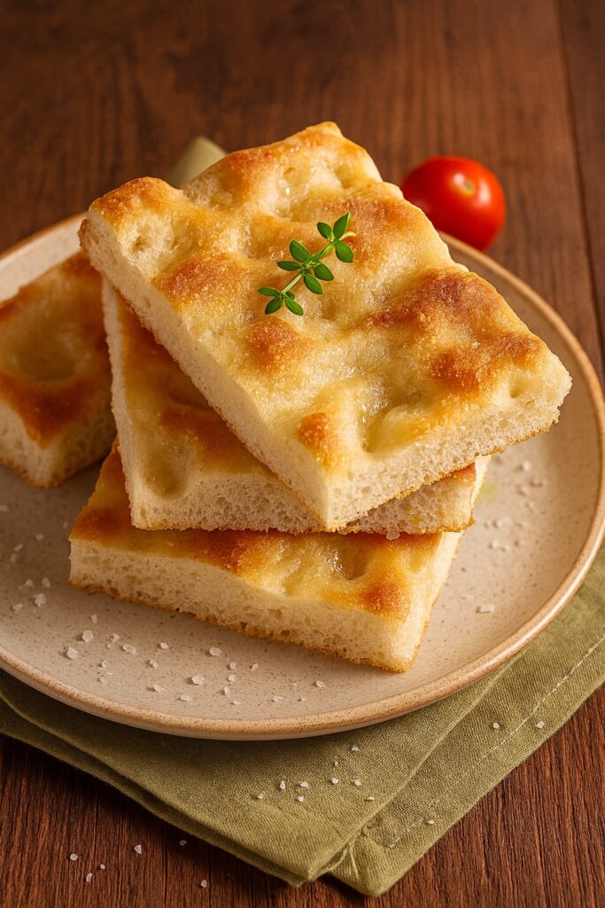 Drei Stücke frisch gebackene Focaccia mit goldbrauner Kruste, gestapelt auf einem Teller mit Meersalz und Thymianzweig.