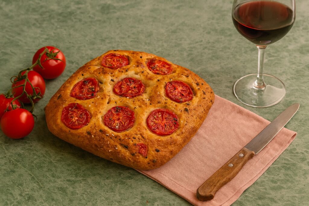 Focaccia mit Kirschtomaten und Oregano auf einem grünen Tisch, serviert mit einem Glas Rotwein – ein italienischer Klassiker.