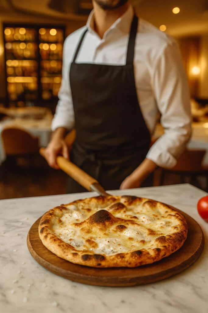 Focaccia di Recco mit geschmolzenem Käse, serviert vom Kellner direkt am Tisch – frisch aus dem Ofen.