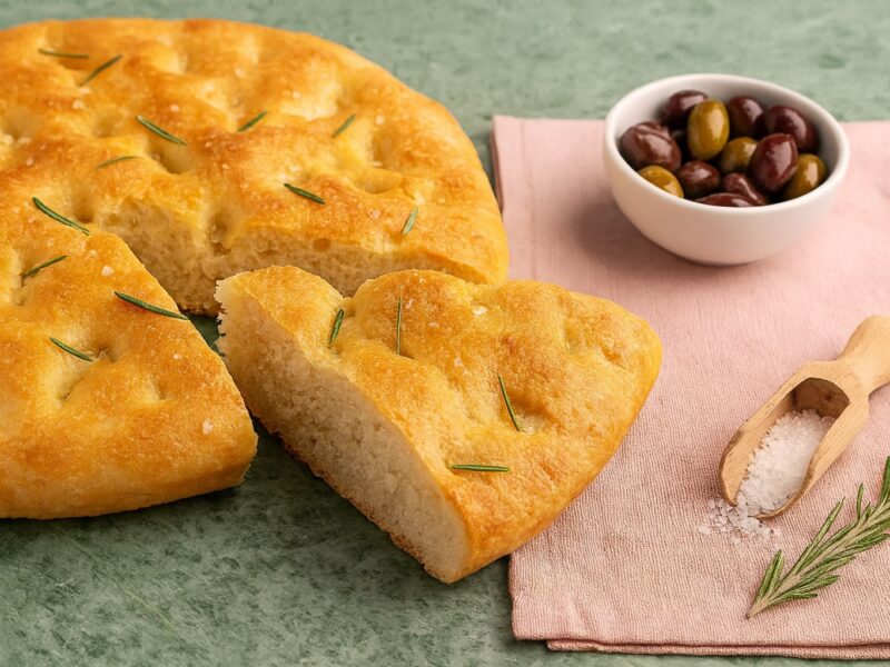 Runde Focaccia mit Rosmarin und grobem Meersalz, angeschnitten und serviert mit einer Schale italienischer Oliven.