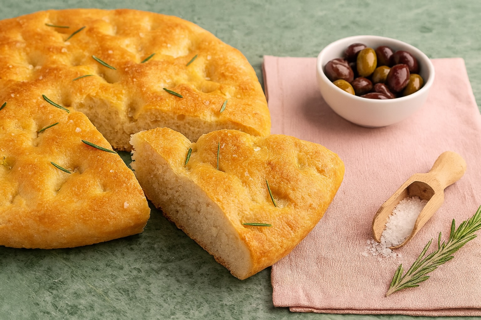 Runde Focaccia mit Rosmarin und grobem Meersalz, angeschnitten und serviert mit einer Schale italienischer Oliven.