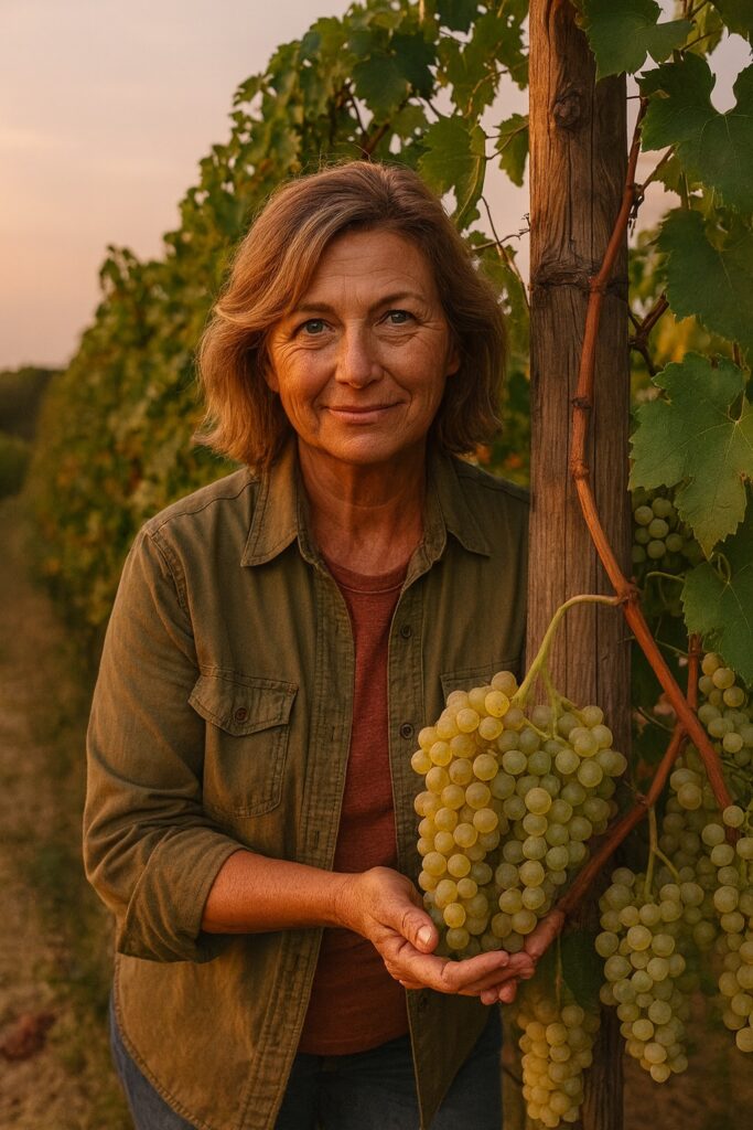 Winzerin im Weinberg bei Sonnenuntergang mit Cortese-Trauben – Gavi DOCG Piemont Weißwein.