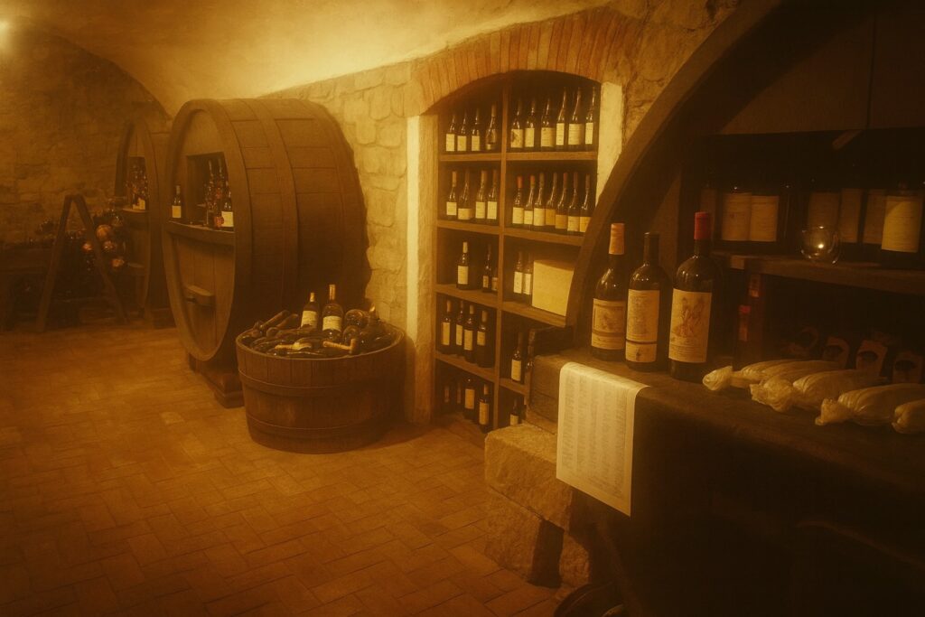 Traditioneller Weinkeller mit Barriquefässern und Weinflaschen – piemontesische Weinproduktion