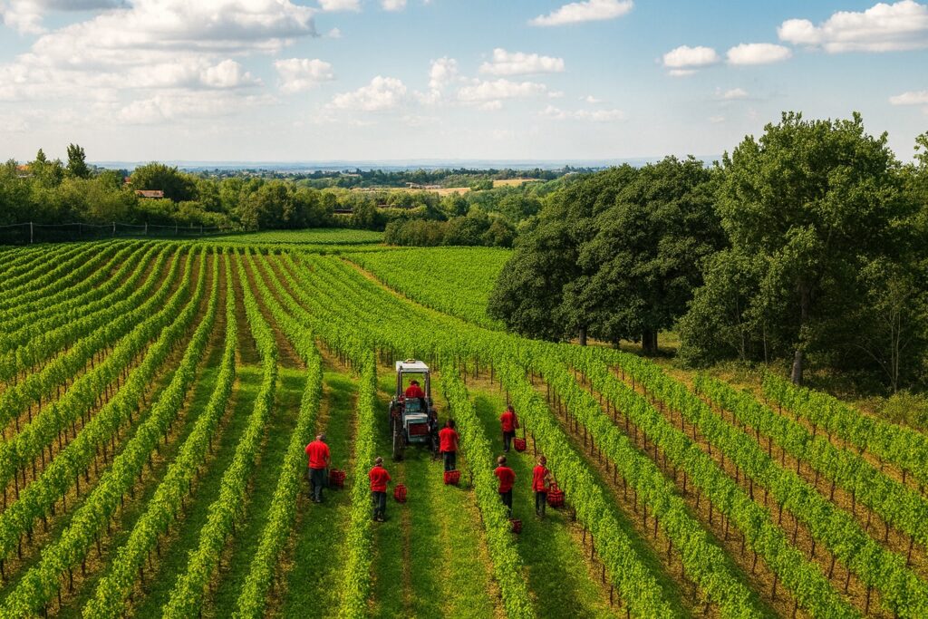 Weinlese im Piemont: Winzer in roten Hemden bei der Traubenernte für Gavi-Wein