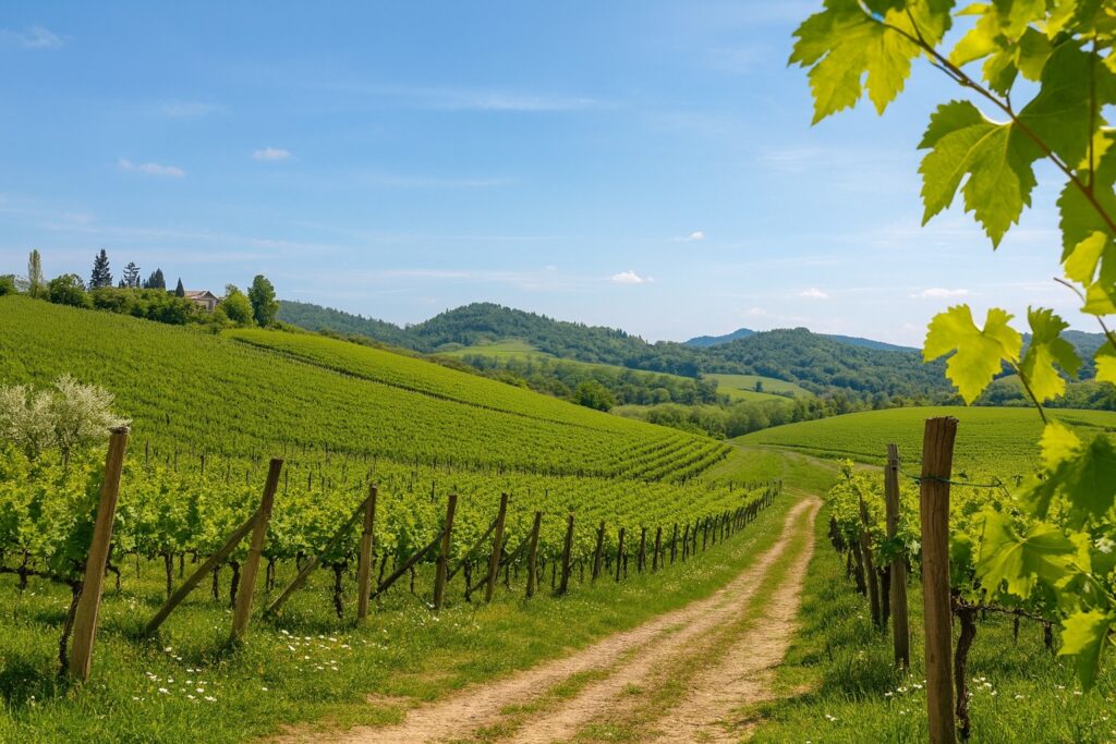 Hügelige Weinlandschaft im Piemont mit Cortese-Reben unter blauem Himmel