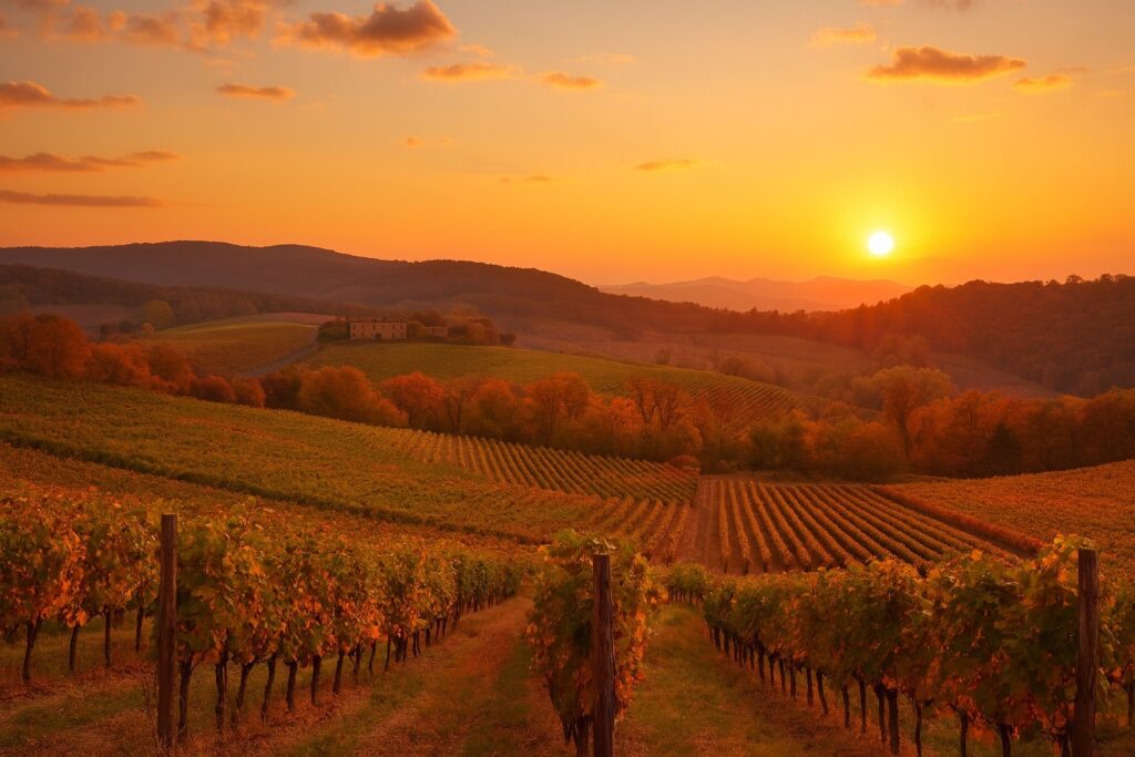 Piemonteser Weinberge im goldenen Licht des Sonnenuntergangs – Herbstlesezeit in Gavi