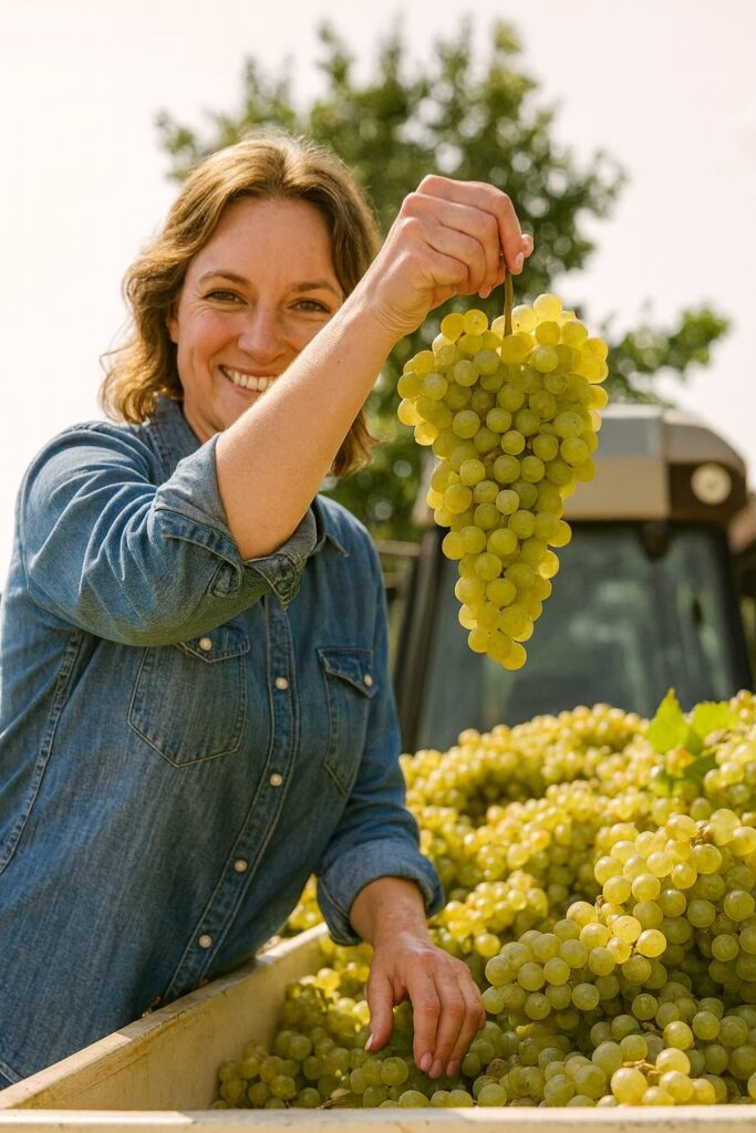 Fröhliche Winzerin präsentiert frisch geerntete Cortese-Trauben – Gavi Weißweinproduktion