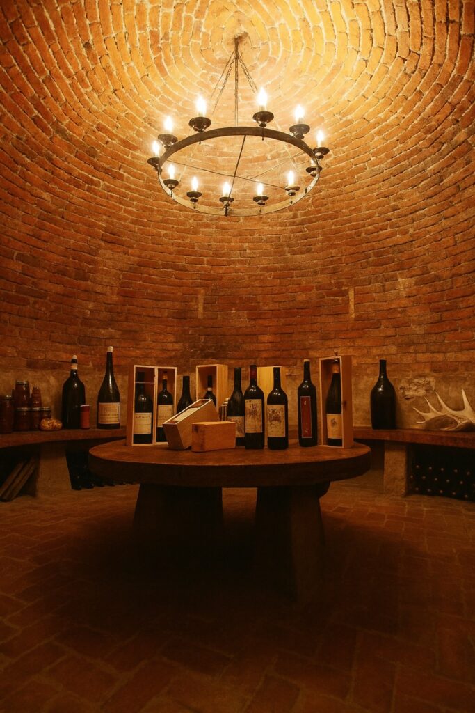 Weinverkostungstisch in einem historischen Weinkeller – Gavi-Weine aus dem Piemont