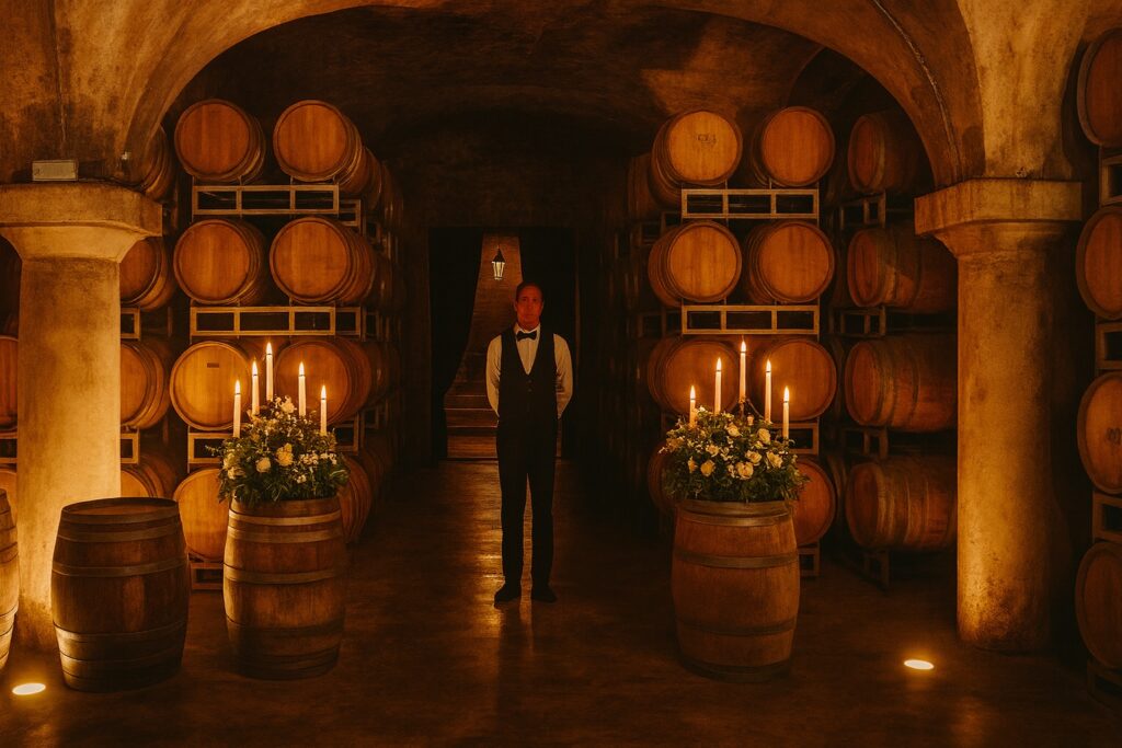 Eleganter Weinkeller mit Kerzenlicht und Holzfässern – gereifter Gavi DOCG Wein