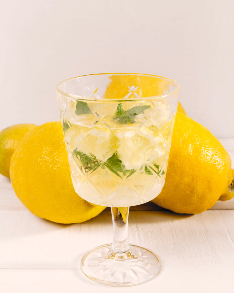 Elegantes Glas mit Limoncello Spritz, dekoriert mit frischer Minze und Zitronenscheiben, im Hintergrund gelbe Zitronen – typisch mediterrane Erfrischung.