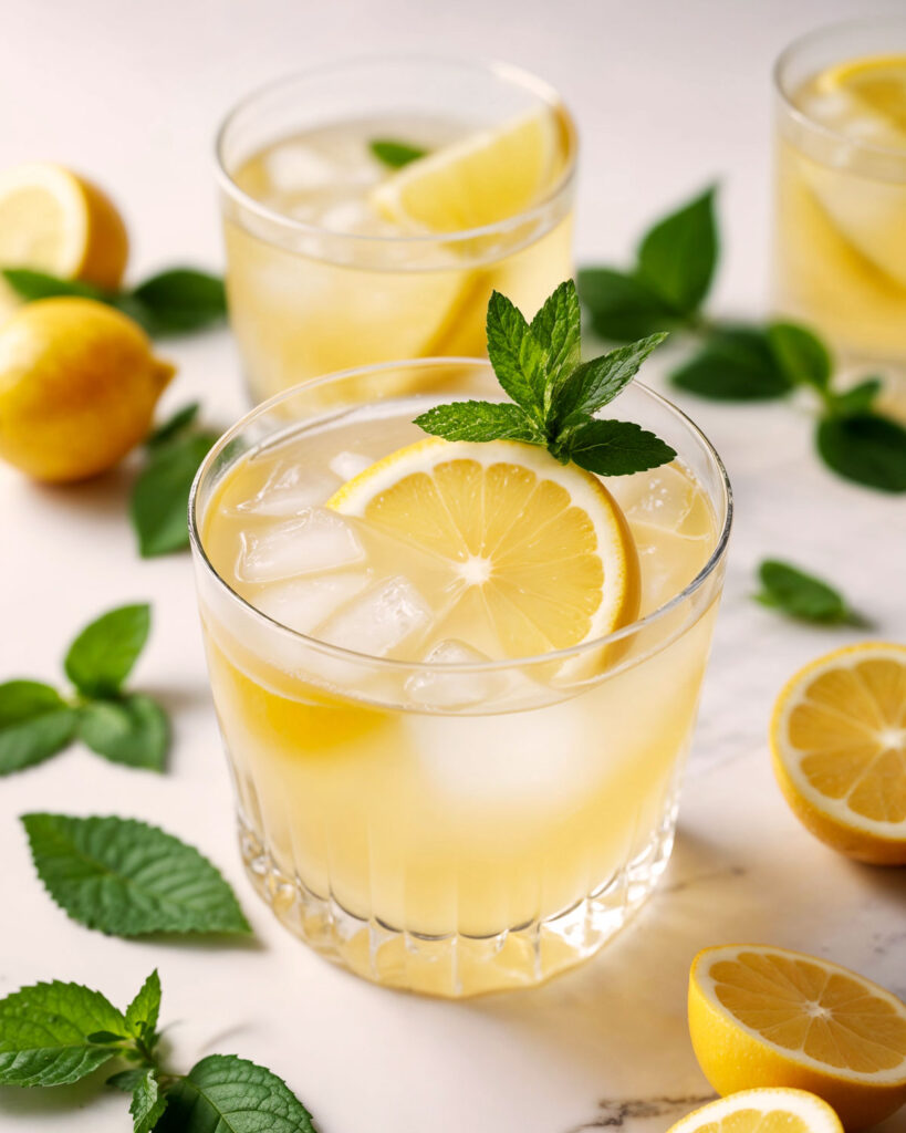 Gläser mit Limoncello Spritz, garniert mit Zitronenscheiben und Minzblättern, umgeben von frischen Zitronen auf hellem Untergrund – idealer Aperitif für warme Tage.