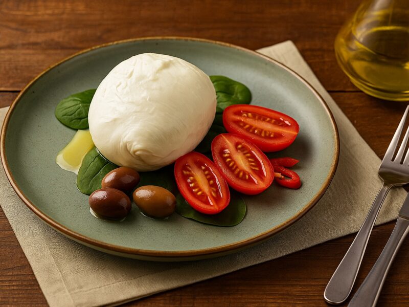 Frisch angerichtete Mozzarella-Kugel auf einem Salbeigrünen Teller mit Cocktailtomaten, Oliven, Babyspinat und einem Schuss Olivenöl – serviert auf rustikalem Holztisch mit Stoffserviette und Besteck.