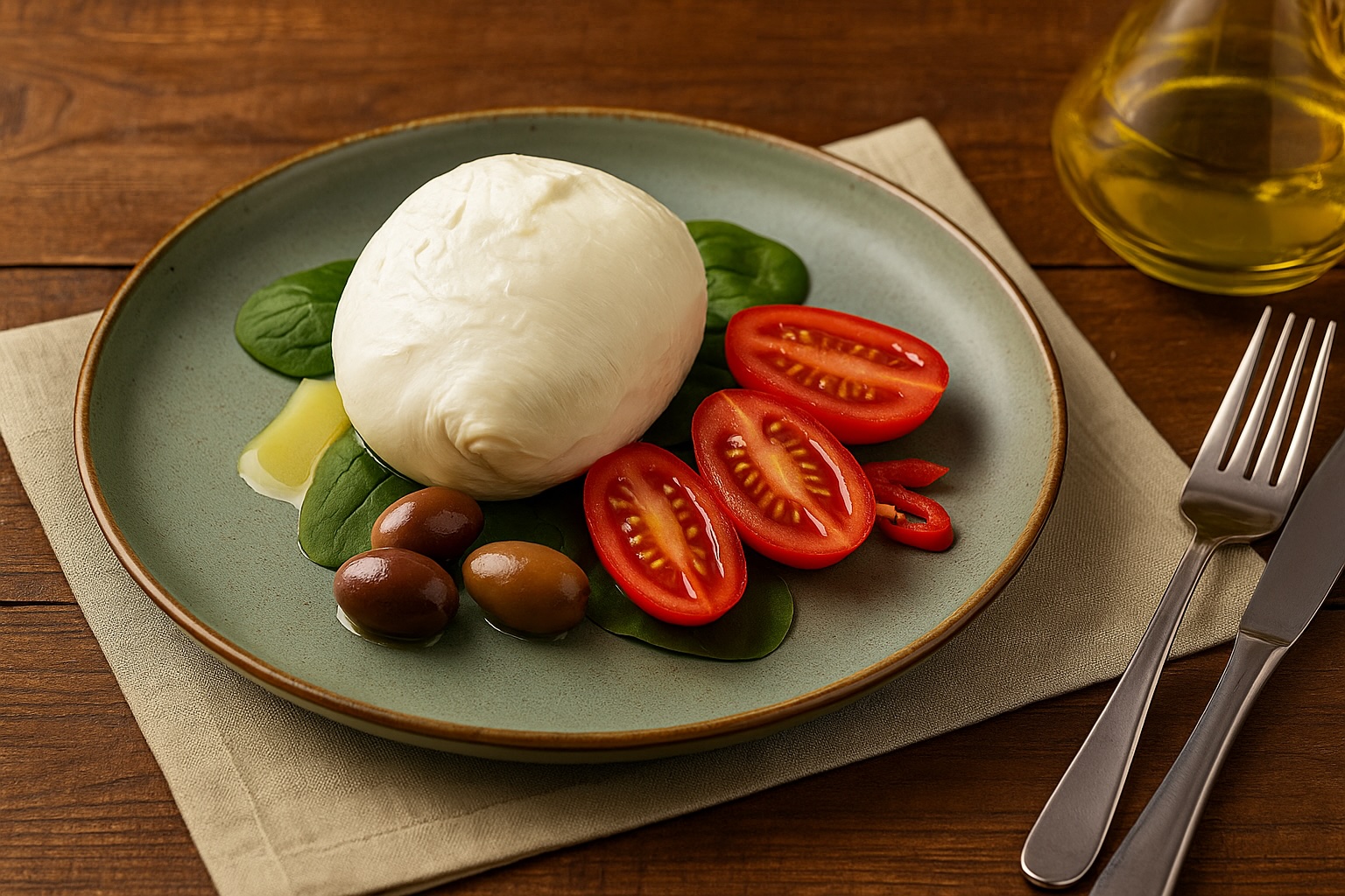 Frisch angerichtete Mozzarella-Kugel auf einem Salbeigrünen Teller mit Cocktailtomaten, Oliven, Babyspinat und einem Schuss Olivenöl – serviert auf rustikalem Holztisch mit Stoffserviette und Besteck.