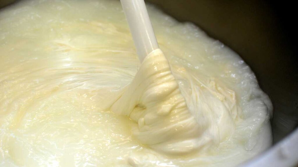 Herstellung von Mozzarella – warmer, elastischer Käseteig wird im traditionellen Pasta-Filata-Verfahren gezogen.