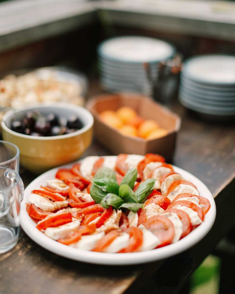 Sommerliche Caprese-Salatplatte mit Tomaten, Mozzarella di Bufala und frischem Basilikum – perfekter Mozzarella-Salat für warme Tage.
