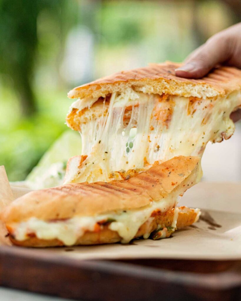 Frisches italienisches Panino mit geschmolzenem Mozzarella – leckerer Snack mit Fior di Latte Mozzarella.