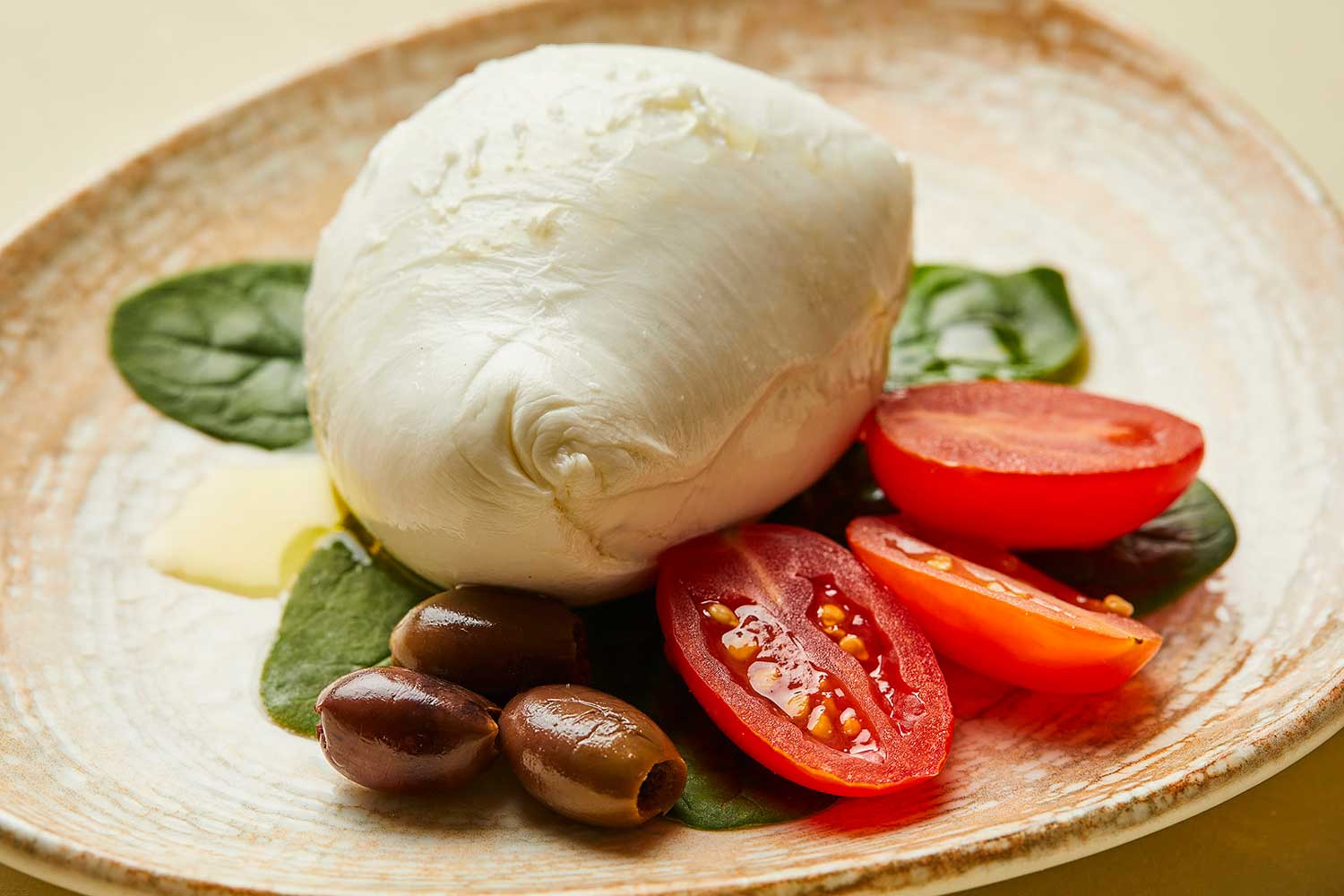 Große Mozzarella di Bufala auf Babyspinat mit Tomaten und Oliven – Mozzarella-Delikatesse aus Kampanien.