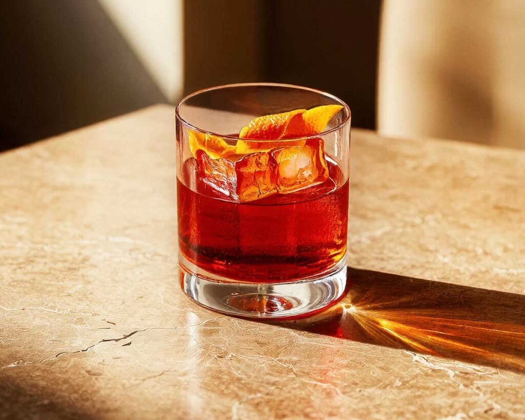 Negroni-Cocktail auf einem Marmortisch, serviert mit Eiswürfeln und einer Orangenzeste im Glas, im warmen Sonnenlicht.