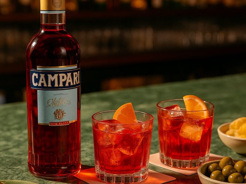 Zwei Gläser Negroni mit Eis und Orangenscheiben neben einer Flasche Campari auf einer Bartheke – dazu Oliven und Chips als Aperitivo.